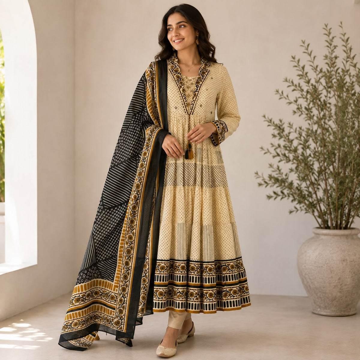 Cream And Green Mul Cotton 3 Piece Set
