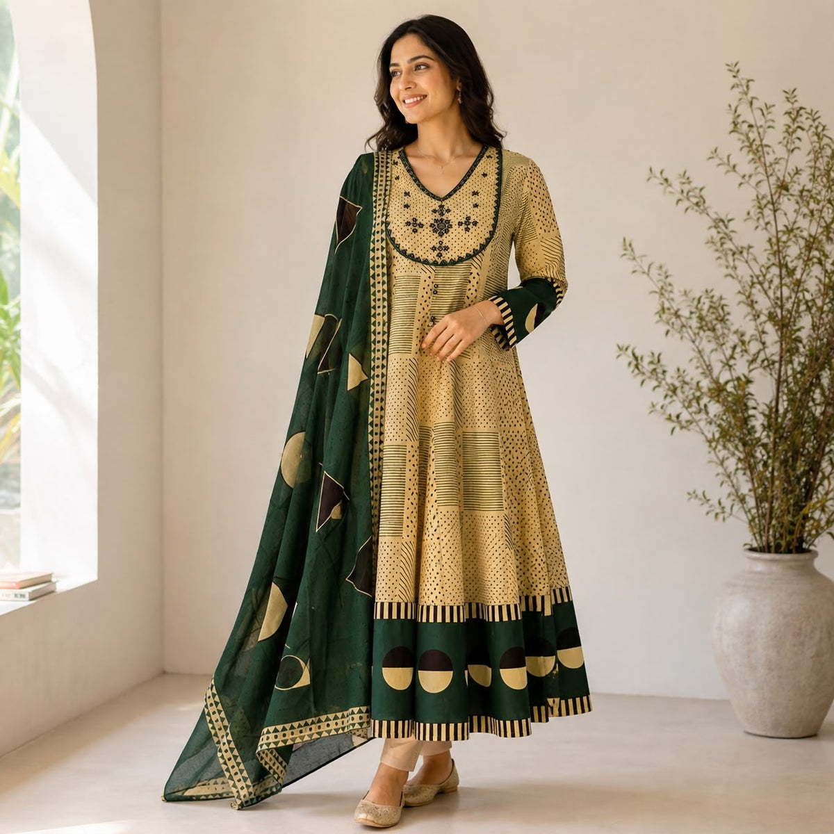 Cream And Green Mul Cotton 3 Piece Set