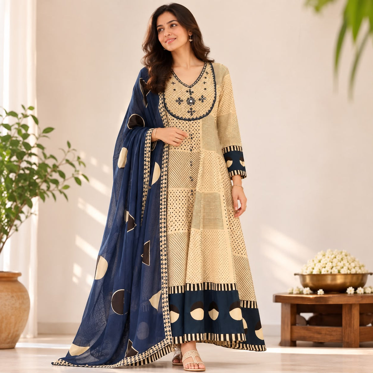 Cream And Blue Mul Cotton 3 Piece Set