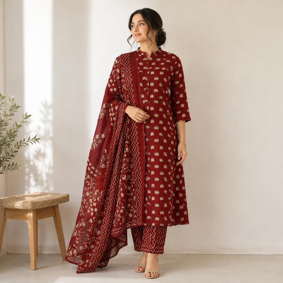 Maroon Jaipur Cotton 3 Piece Set