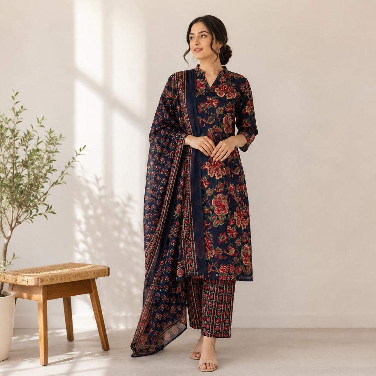 Navy Blue Floral Jaipur Cotton 3 Piece Set
