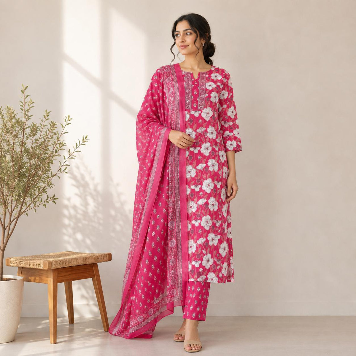Pink Floral Jaipur Cotton 3 Piece Set