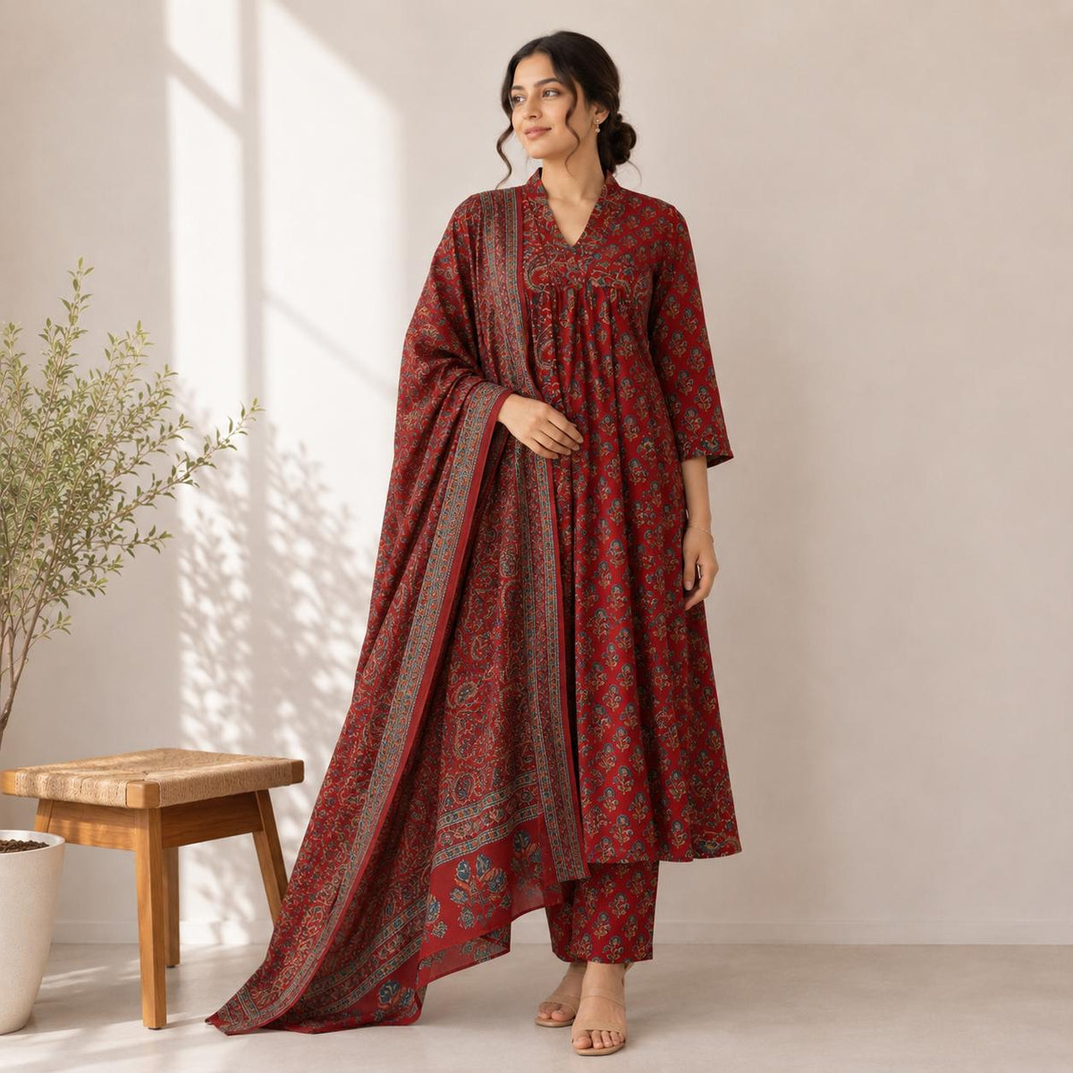 Maroon Floral Jaipur Cotton 3 Piece Set