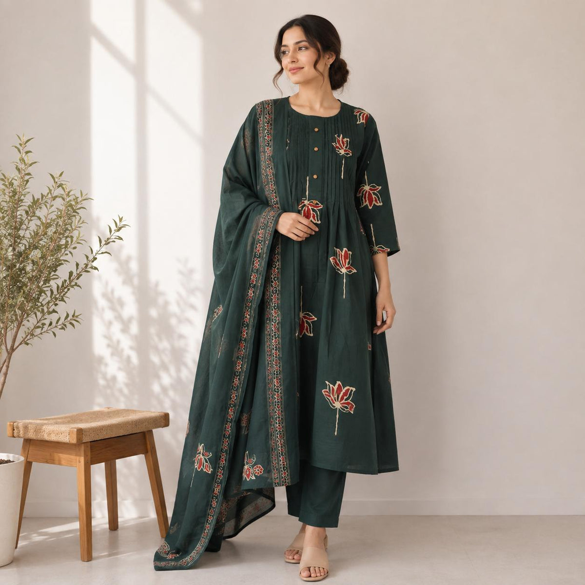 Green Floral Jaipur Cotton 3 Piece Set