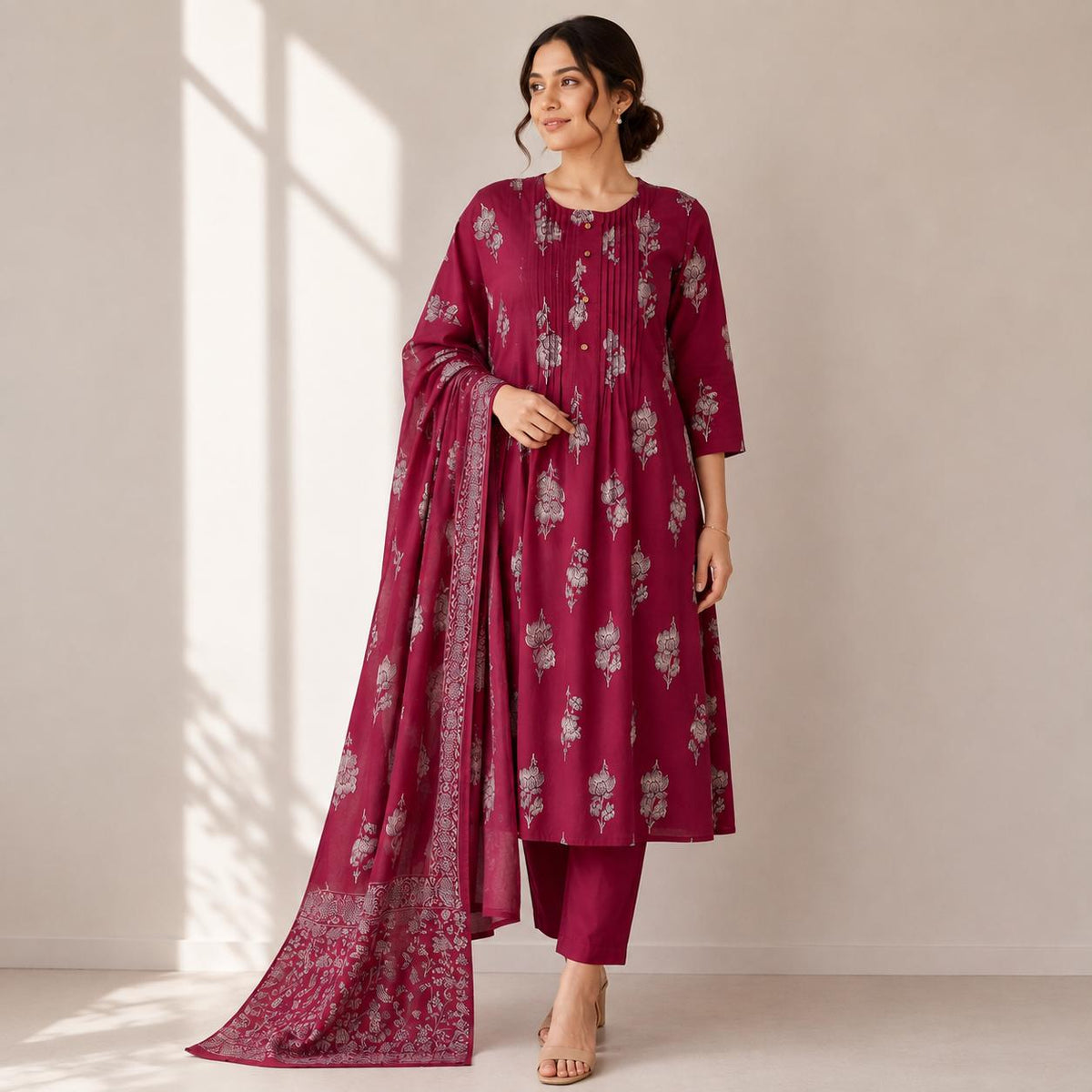 Beetroot Red Floral Jaipur Cotton 3 Piece Set