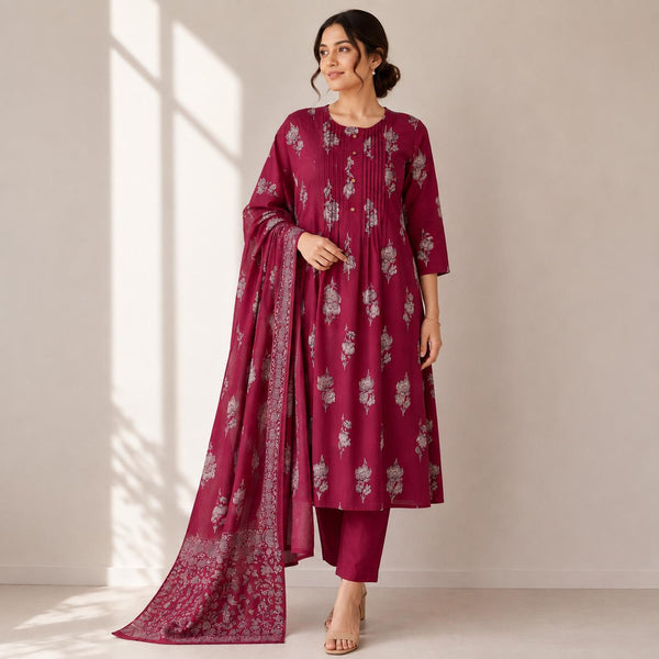 Beetroot Red Floral Jaipur Cotton 3 Piece Set