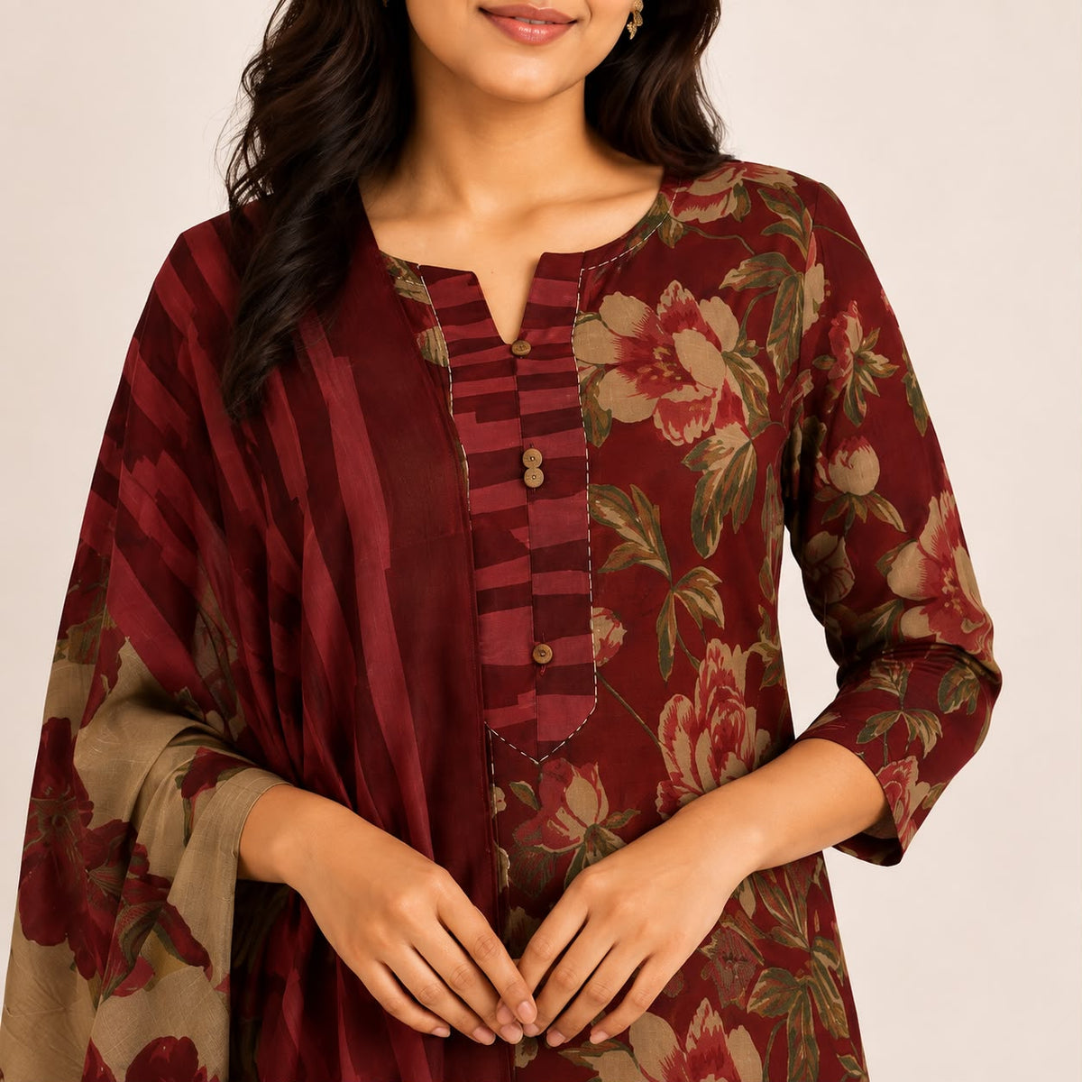 Maroon Floral Jaipur Cotton 3 Piece Set