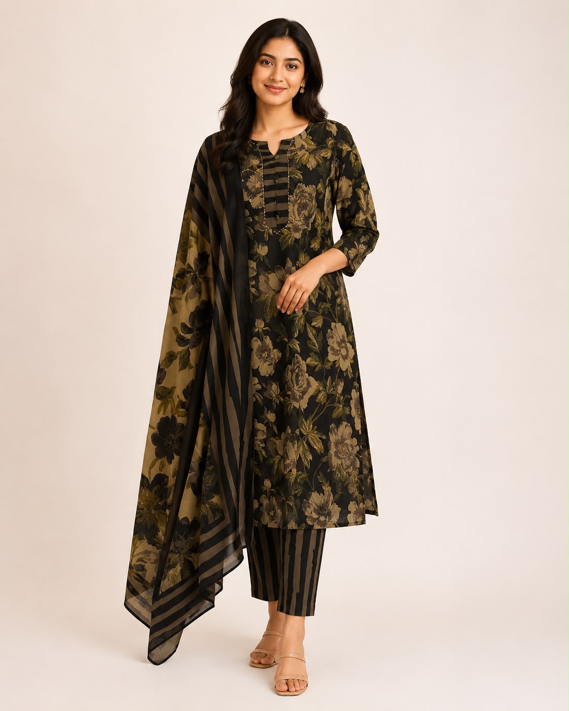Black Floral Jaipur Cotton 3 Piece Set