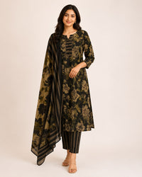 Black Floral Jaipur Cotton 3 Piece Set