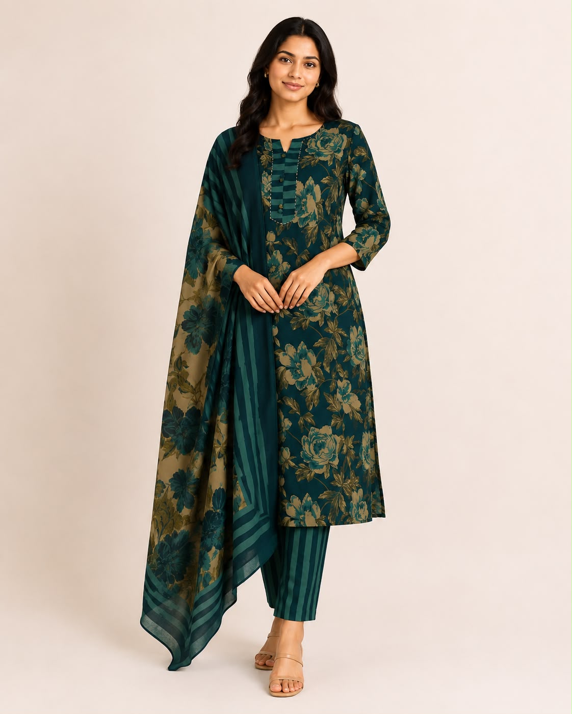 Green Floral Jaipur Cotton 3 Piece Set