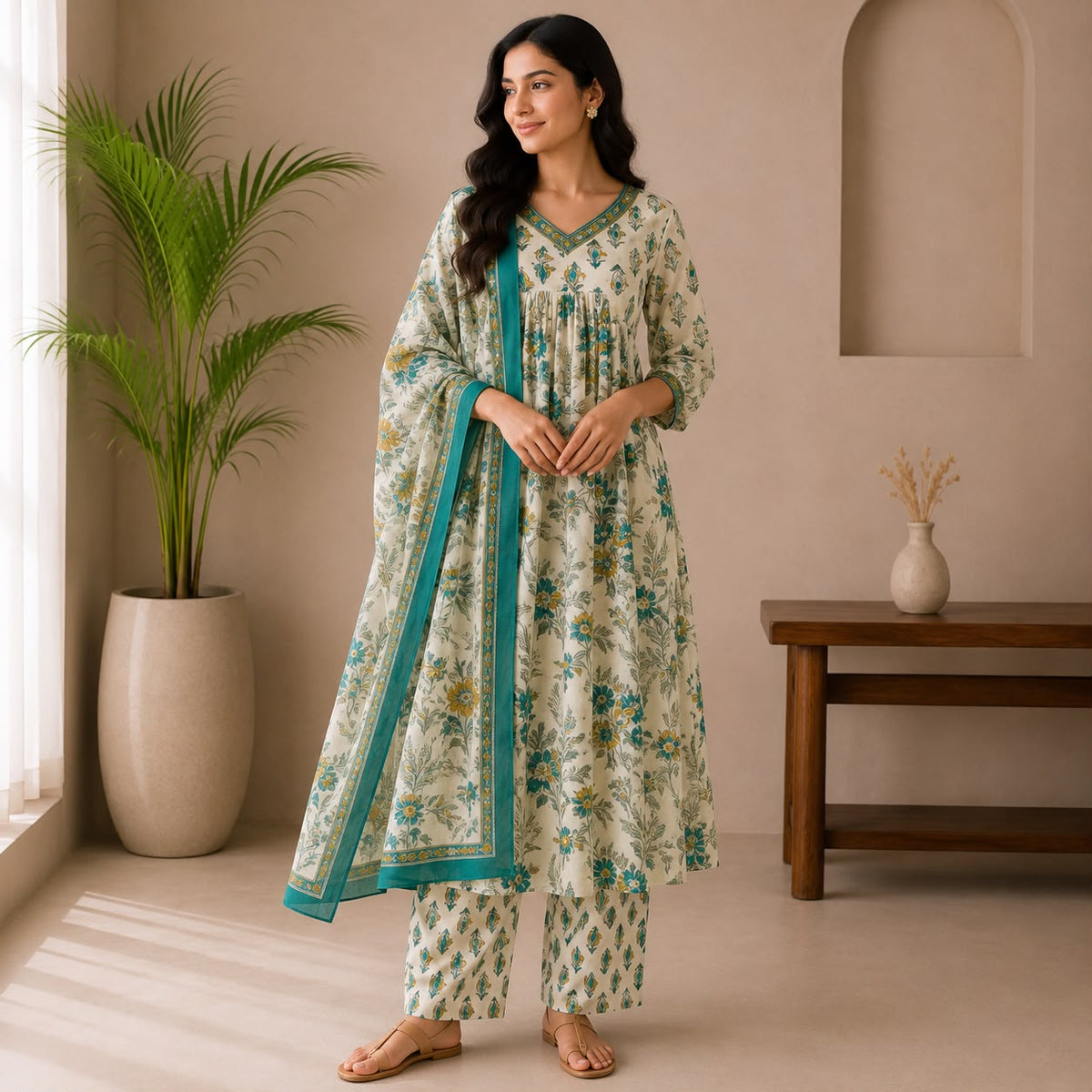 Aqua Blue Floral Jaipur Cotton Anarkali 3 Piece Set