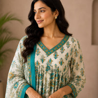 Aqua Blue Floral Jaipur Cotton Anarkali 3 Piece Set