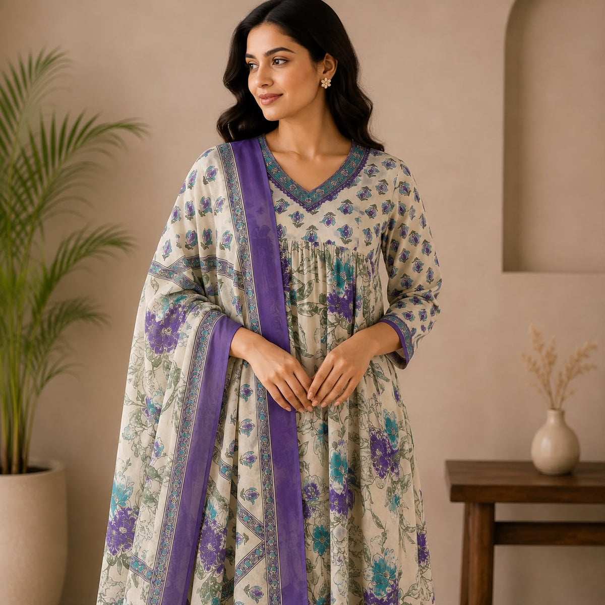 Violet Floral Jaipur Cotton Anarkali 3 Piece Set