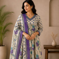 Violet Floral Jaipur Cotton Anarkali 3 Piece Set