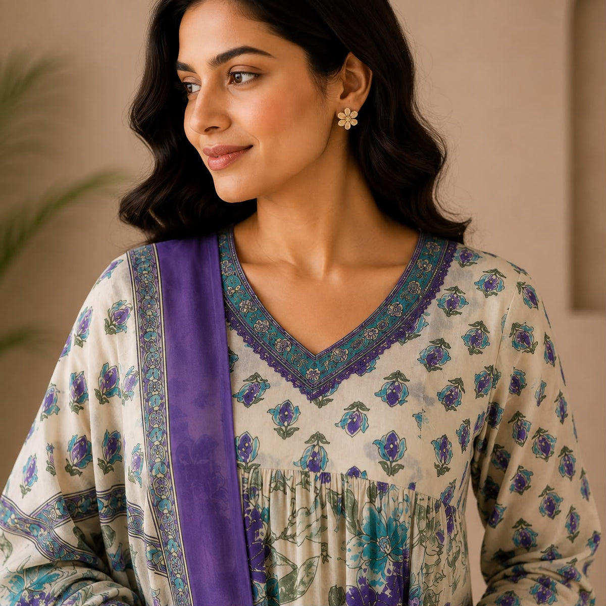 Violet Floral Jaipur Cotton Anarkali 3 Piece Set