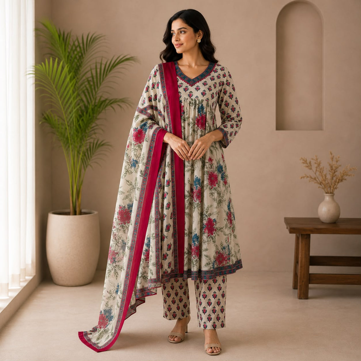 Pink Floral Jaipur Cotton Anarkali 3 Piece Set