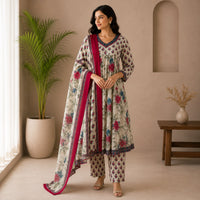 Pink Floral Jaipur Cotton Anarkali 3 Piece Set