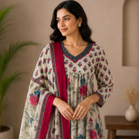 Pink Floral Jaipur Cotton Anarkali 3 Piece Set