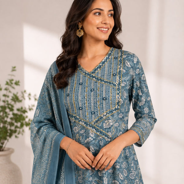 Blue Floral Jaipur Cotton 3 Piece Set