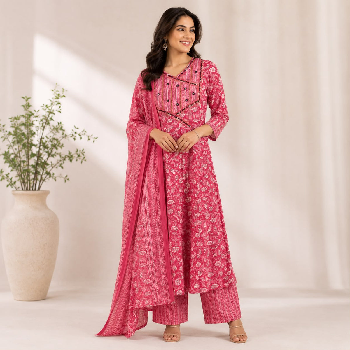 Pink Floral Jaipur Cotton 3 Piece Set