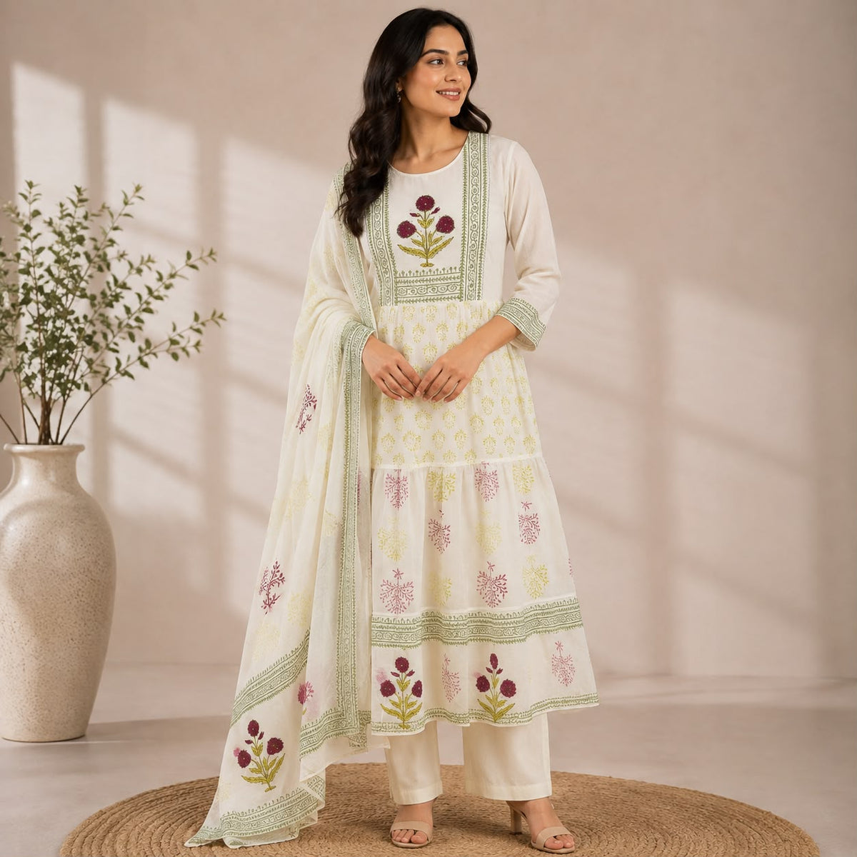 White Floral Mul Cotton 3 Piece Set