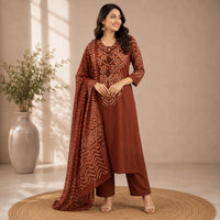 Brown Bandhani Printed Dhabu Cotton 3 Piece Set