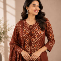 Brown Bandhani Printed Dhabu Cotton 3 Piece Set