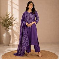 Violet Bandhani Printed Dhabu Cotton 3 Piece Set