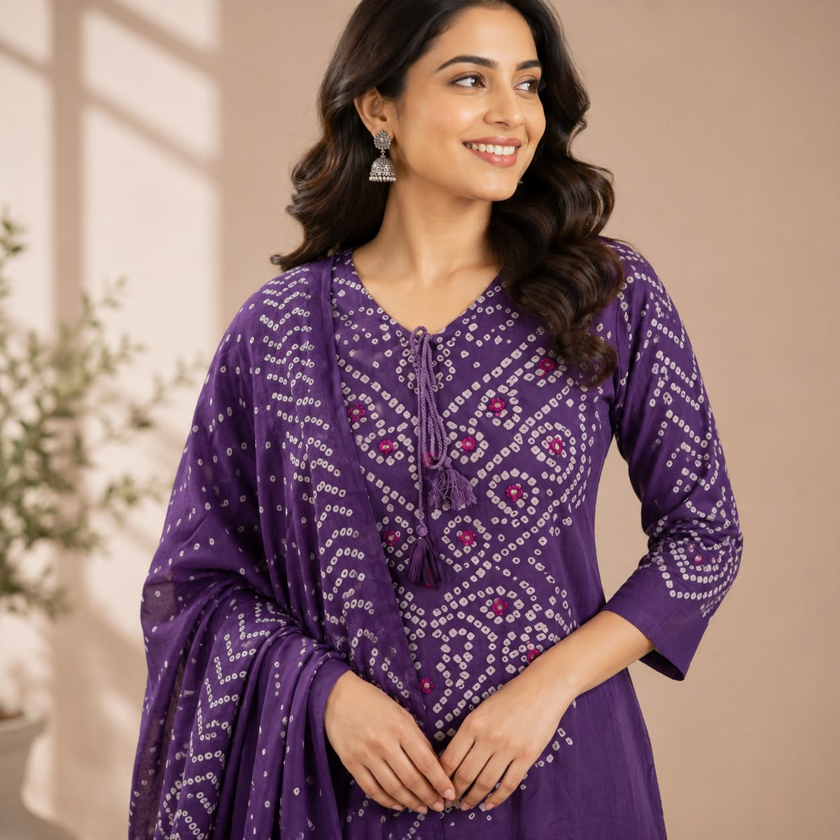 Violet Bandhani Printed Dhabu Cotton 3 Piece Set