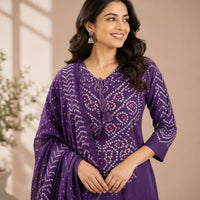 Violet Bandhani Printed Dhabu Cotton 3 Piece Set