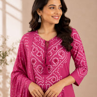 Pink Bandhani Printed Dhabu Cotton 3 Piece Set
