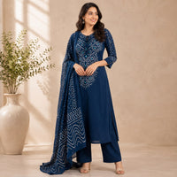 Blue Bandhani Printed Dhabu Cotton 3 Piece Set