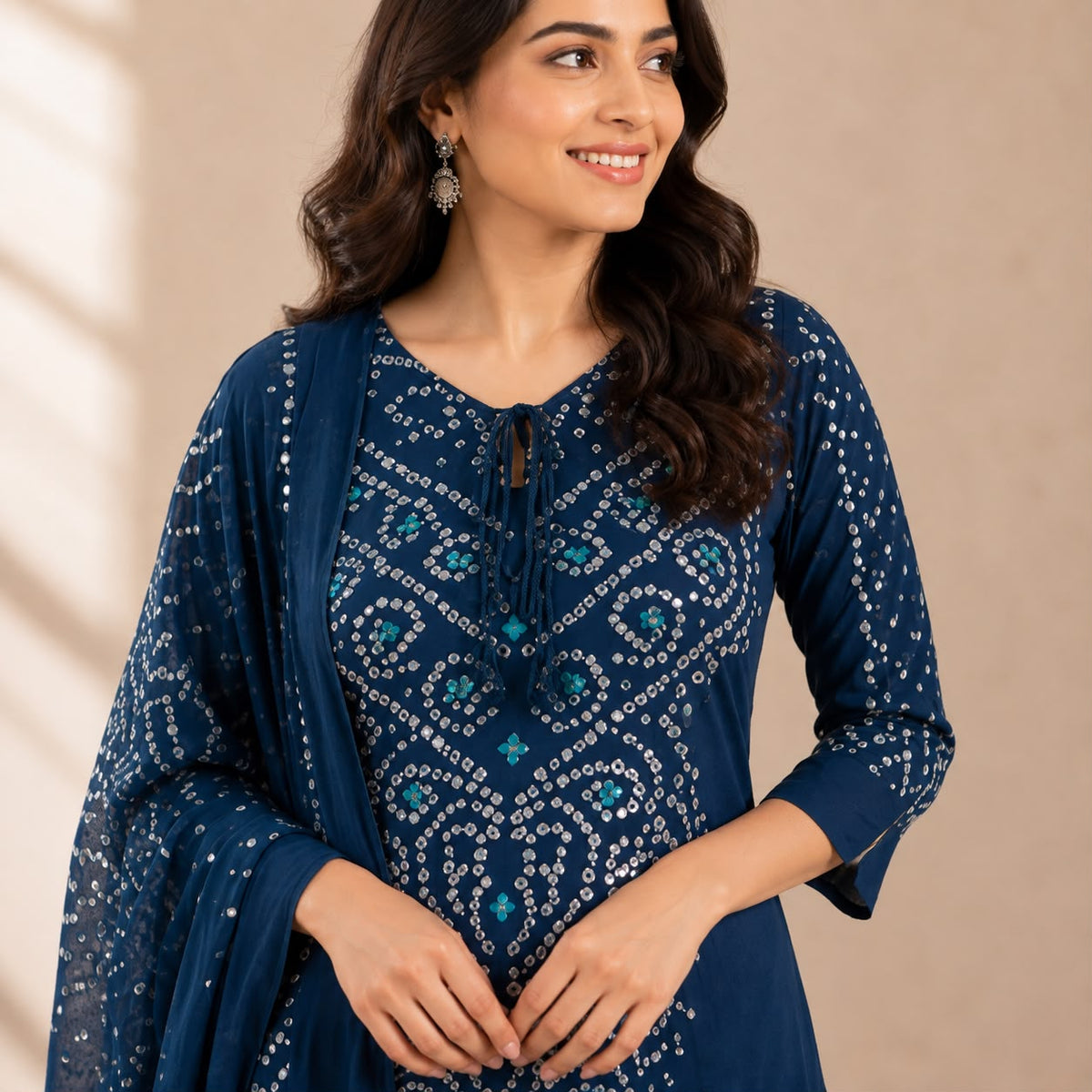 Blue Bandhani Printed Dhabu Cotton 3 Piece Set