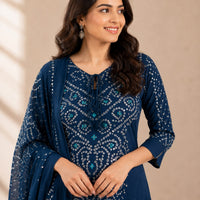 Blue Bandhani Printed Dhabu Cotton 3 Piece Set
