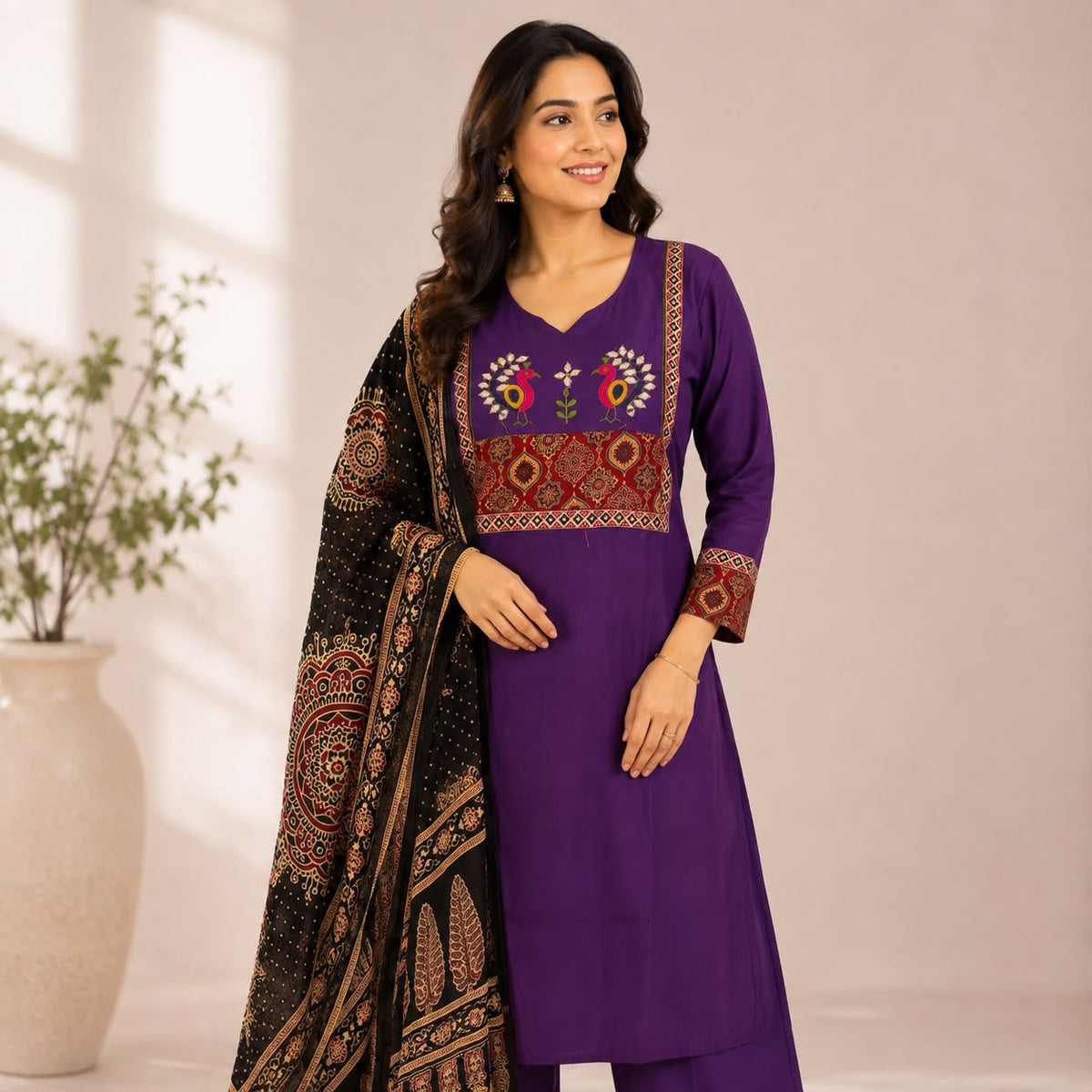 Violet Ajrakh Printed Dhabu Cotton 3 Piece Set