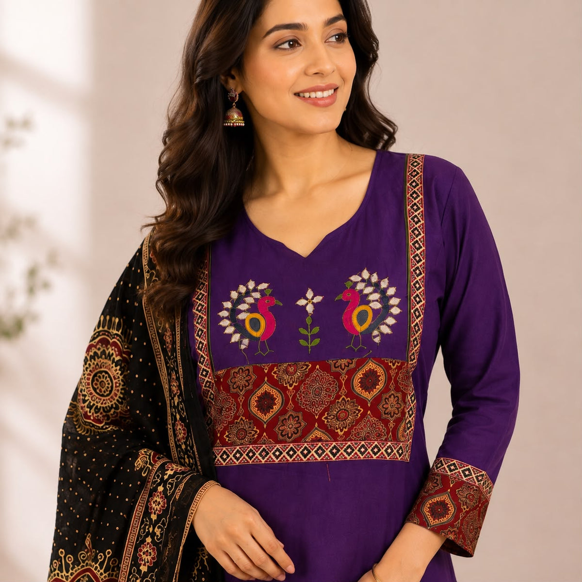Violet Ajrakh Printed Dhabu Cotton 3 Piece Set