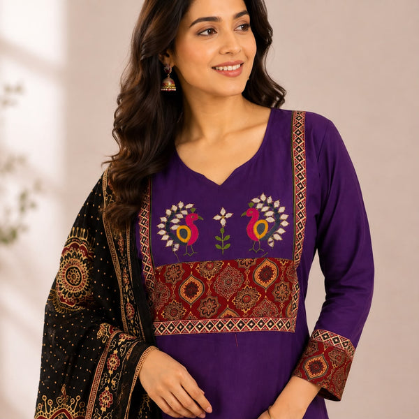 Violet Ajrakh Printed Dhabu Cotton 3 Piece Set