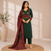 Green Ajrakh Printed Dhabu Cotton 3 Piece Set