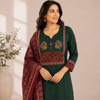 Green Ajrakh Printed Dhabu Cotton 3 Piece Set