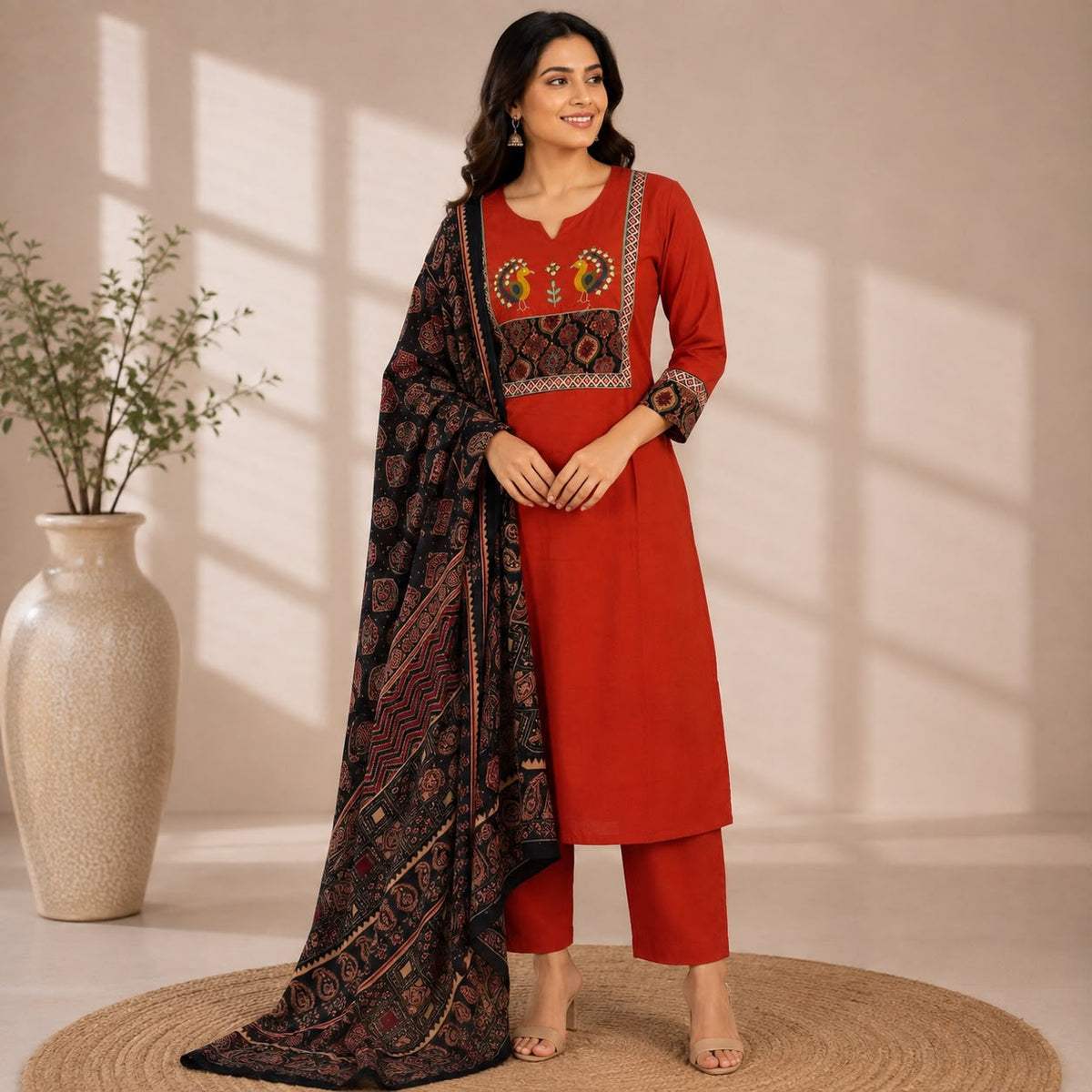 Orange Ajrakh Printed Dhabu Cotton 3 Piece Set