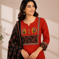Orange Ajrakh Printed Dhabu Cotton 3 Piece Set