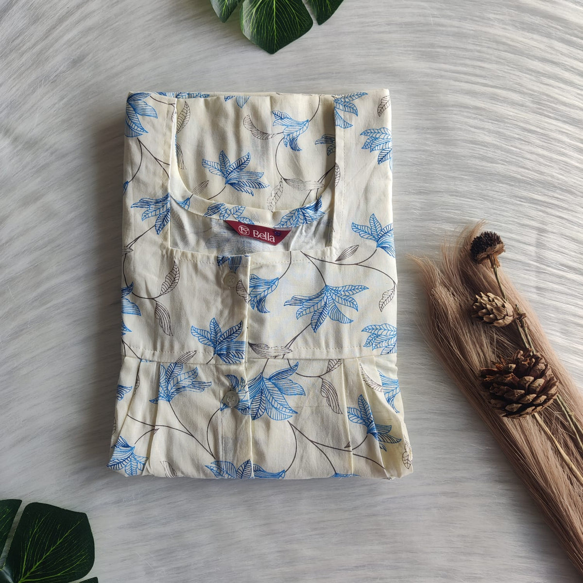 Blue Floral Printed Ivory Premium Cotton Full Open Labour Room Nighty | Free Size | Chest Width 44"| Length 54"-56"