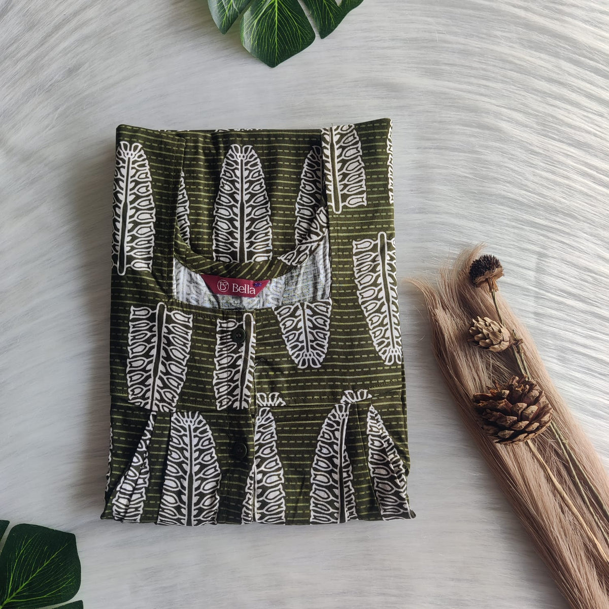 White Leaf Printed Green Premium Cotton Full Open Labour Room Nighty | Free Size | Chest Width 44"| Length 54"-56"