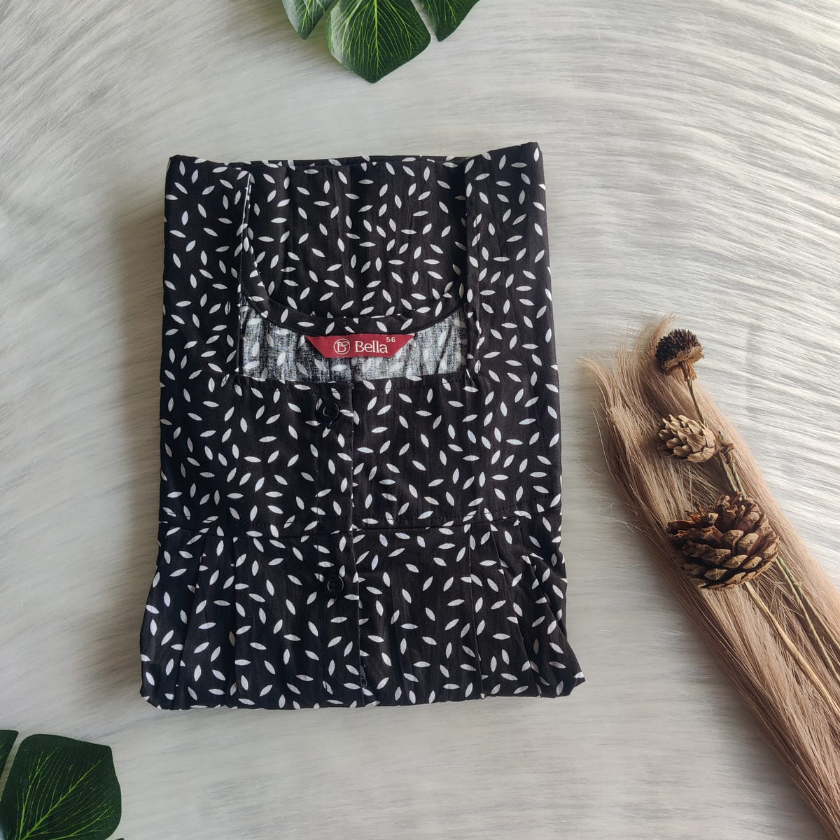 Black Leaf Printed Premium Cotton Full Open Labour Room Nighty | Free Size | Chest Width 44"| Length 54"-56"