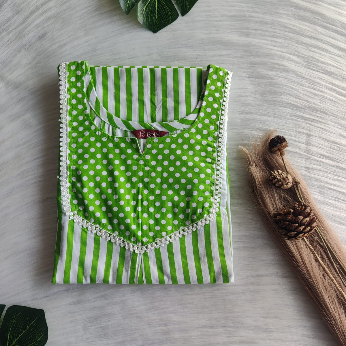 Green  And white Stripes Printed Premium Cotton Mix N Match Lace Pocket Nighty | Free Size | Chest Width 44″| Length 56″