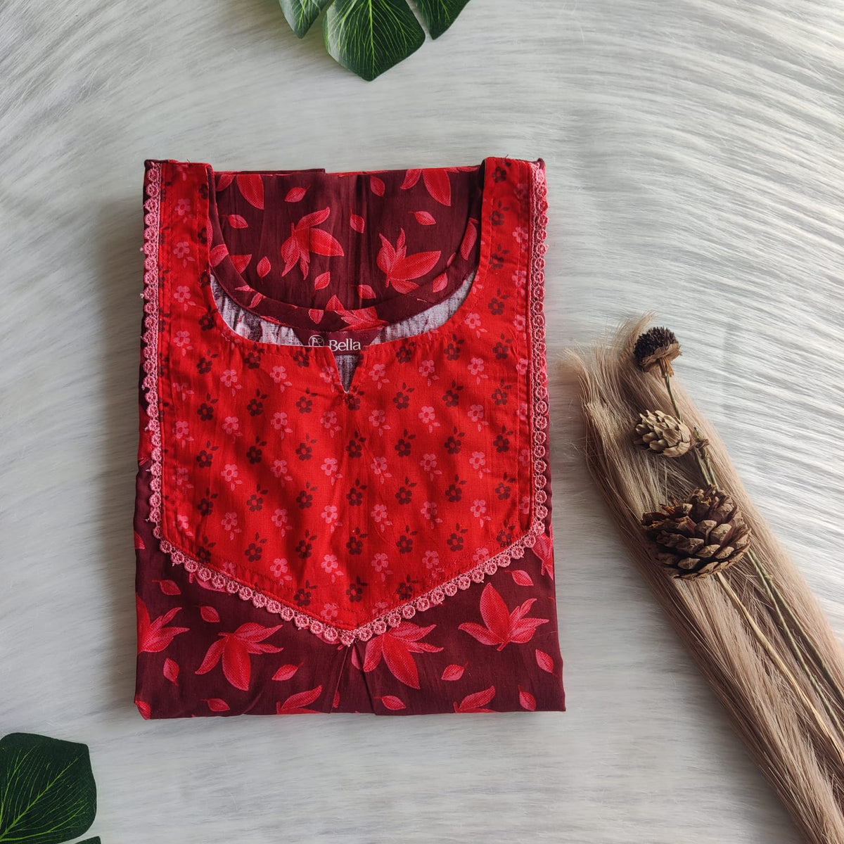 Red And Maroon Floral Printed Premium Cotton Mix N Match Lace Pocket Nighty | Free Size | Chest Width 44″| Length 56″
