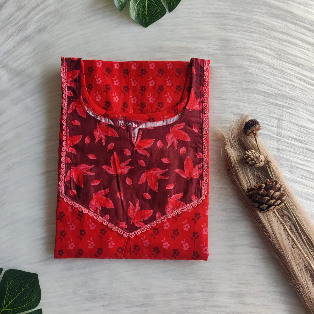 Maroon And Red Printed Premium Cotton Mix N Match Lace Pocket Nighty | Free Size | Chest Width 44″| Length 56″