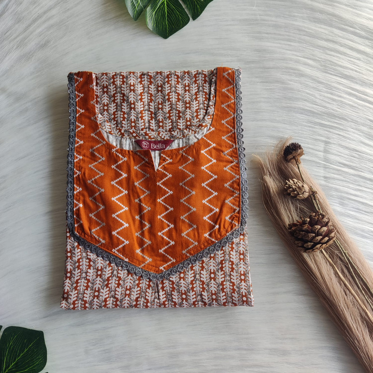 Brown And Grey Floral Printed Premium Cotton Mix N Match Lace Pocket Nighty | Free Size | Chest Width 44″| Length 56″