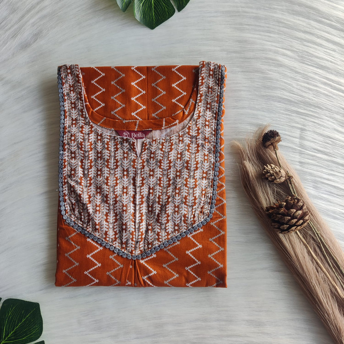 Grey And Brown Printed Premium Cotton Mix N Match Lace Pocket Nighty | Free Size | Chest Width 44″| Length 56″