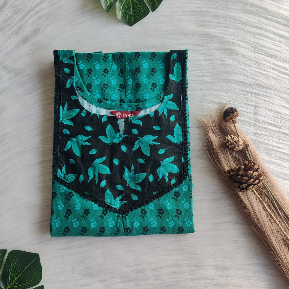 Dark And Pale Green Printed Premium Cotton Mix N Match Lace Pocket Nighty | Free Size | Chest Width 44″| Length 56″